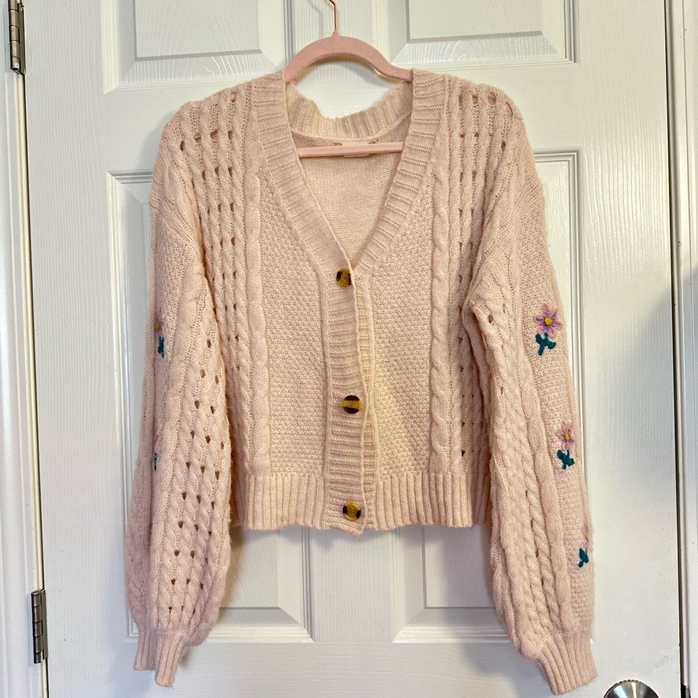 Altar’d State Cream Cardigan Sweater with Floral Embroidery